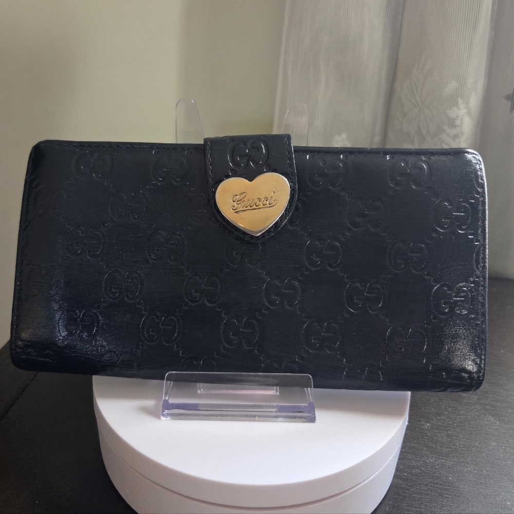 Gucci Guccisima Navy Wallet with Gold Heart Accent GUC Repainted With COA